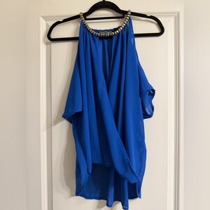 Elegant Blue Women's Top with Beaded Neckline